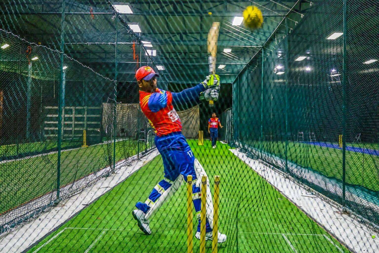Indoor cricket net practice in Delhi
